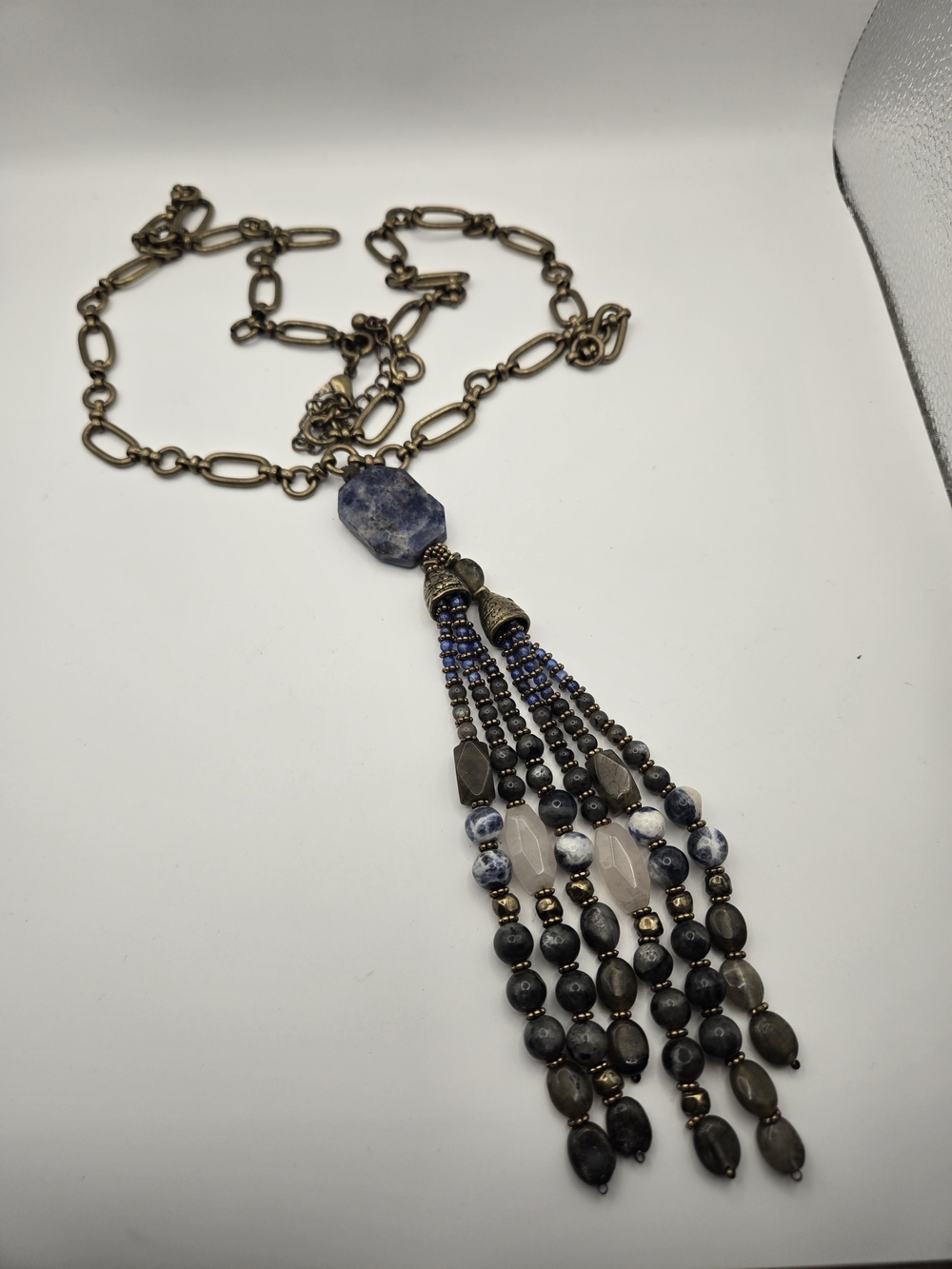 Chico's Antique Gold Necklace Sodalite Focal Multi-Strand Natural Stone Tassel